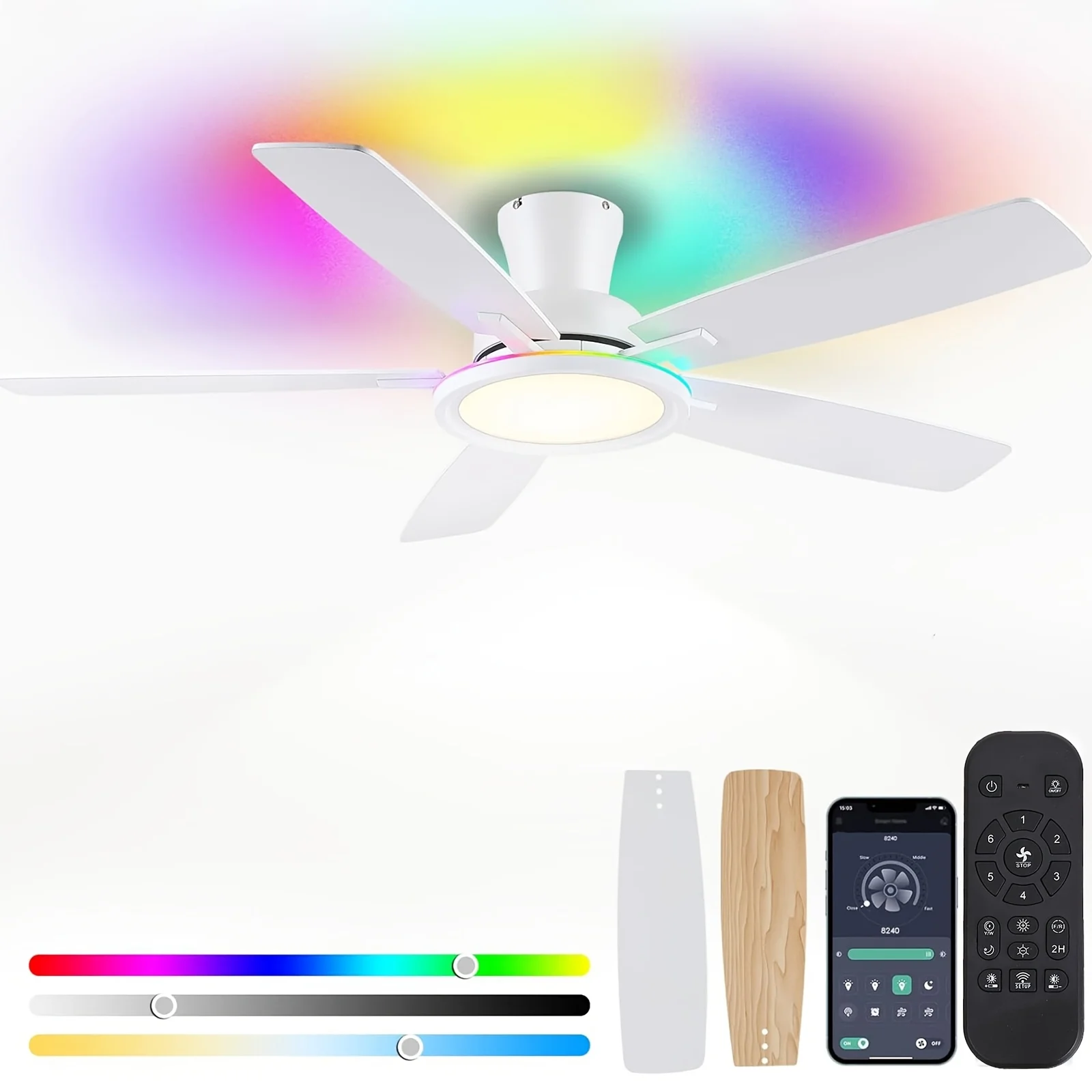 52-Inch Modern Ceiling Fan with RGB LED Lighting, Silent Reversible Motor, Adjustable Brightness & Color Modes, Sleek Black Finish, Indoor/Outdoor Rated – Stylish, Energy-Efficient, and Easy to Install view 5