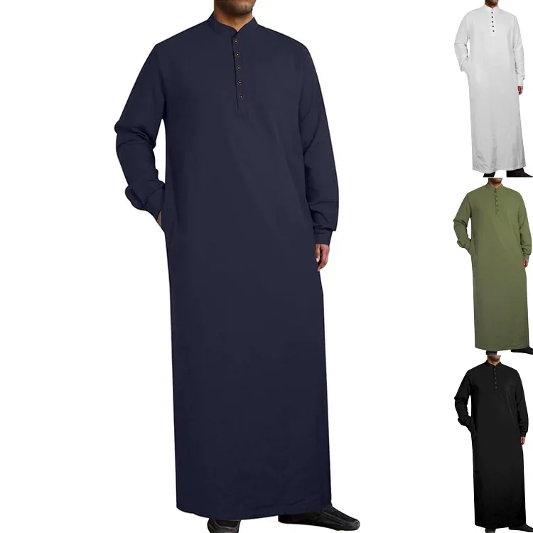 

Standing Collar Qatar Muslim Thobe for Men Kaftan With Pockets Button Down Long Gown Long Sleeve Athletic Men's Arab Thobe