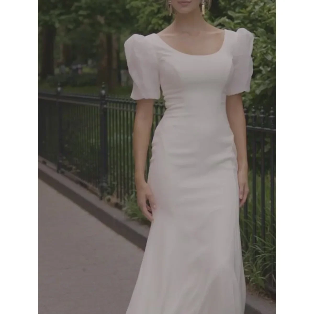 White O-Neck Light Wedding Dresses Korean Puff Short Sleeve Satin Mermaid Hip Package Simple Trailing Wedding Dress for Women