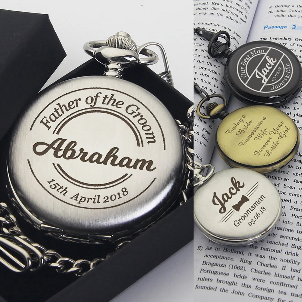 Personalised Engraved Pocket Watch Fathers Day Gift Custom Stylish Pocket Watch with Chain Wedding Bachelor Party Groomsmen Gift