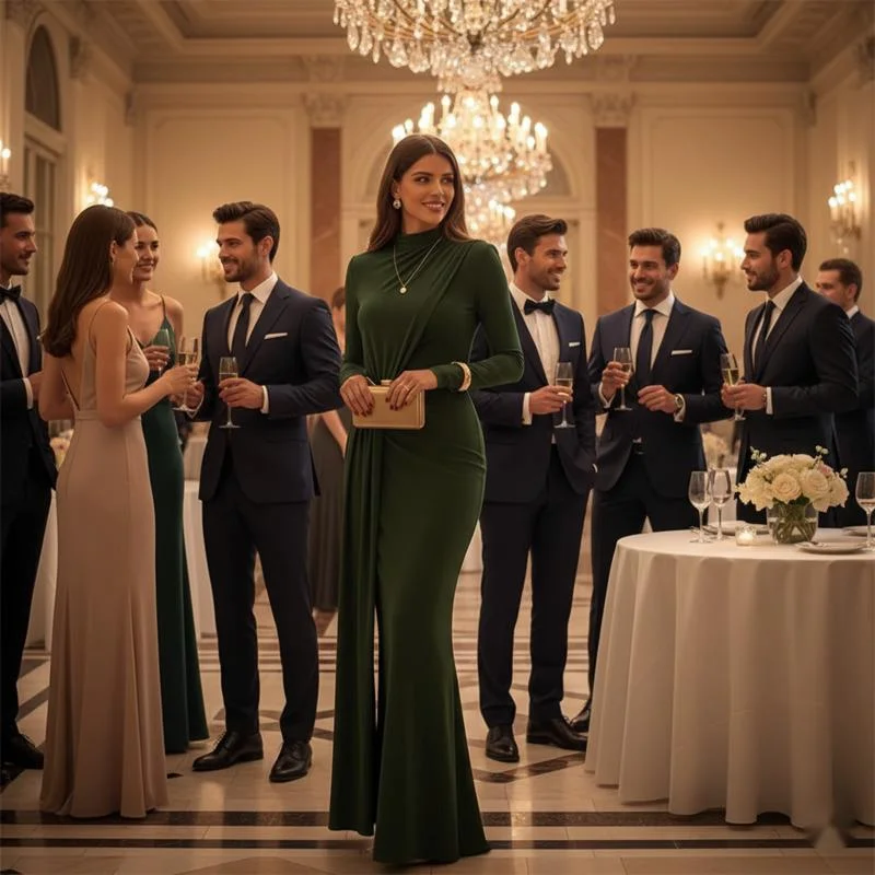 

Autumn Winter Women’s Elegant Belted Dress With Draped Detail Long Sleeves Solid Color Slim Fit Dress For Party Special Occasion