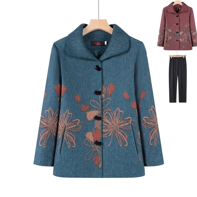 Grandma Jacket Outwear Two Piece Set Spring Autumn Mom Woolen Coat Fabric Square Neck Tops Pant Set Old Lady Fashion Outfit 5XL