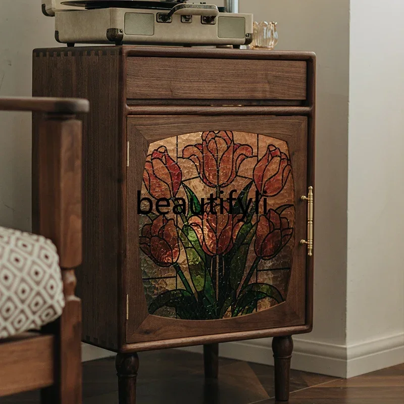 ss D Tulip chest retro black walnut solid wood bedside table bedroom drawer side cabinet