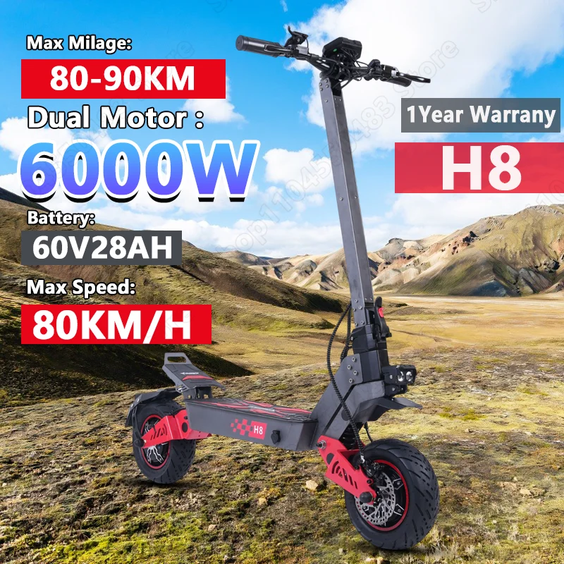 

H8 Scooters Electric 6000W Dual Motor 60V28ah Double Suspension Front And Rear Electric Scooter 11-inch off-road Tire EScooters