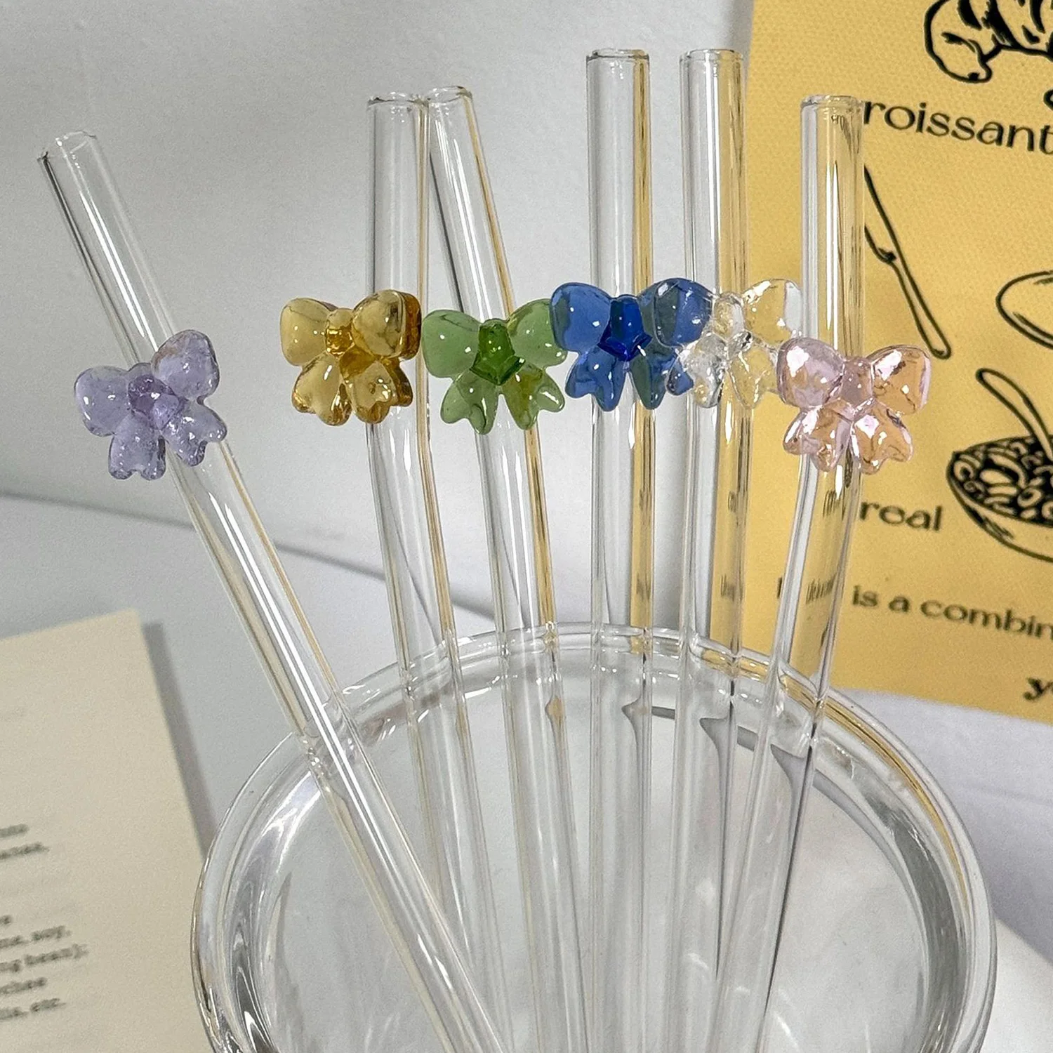 1pcs Glass Straw Reusable Drinking Straw Cute Bow Heat-Resistant Straw For Festival Party Wedding Cocktail Bar Decorations