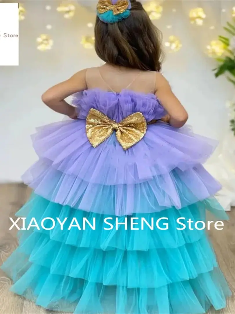 Flower Girl Dress Double Color senza maniche Tulle Lace Layered Princess Ball abito da prima comunione bambini sorpresa regalo di compleanno