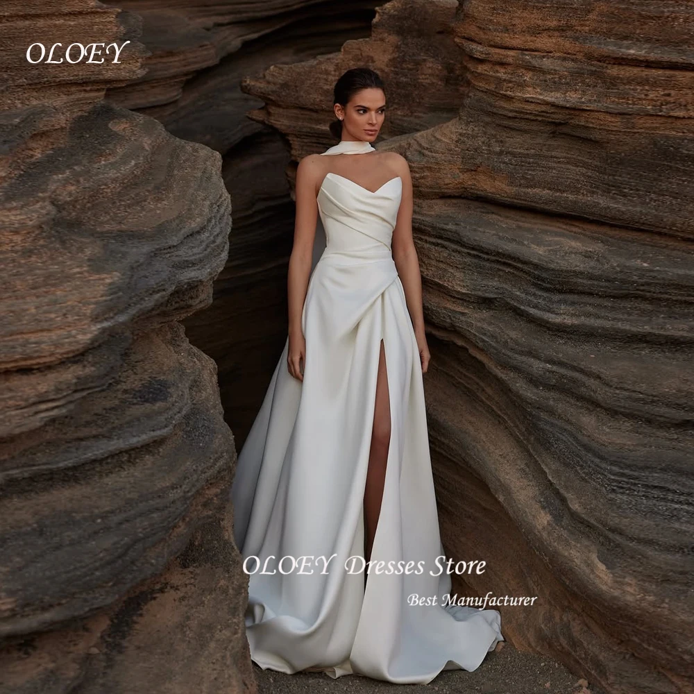 

OLOEY Popular Pleat Sweetheart A Line Wedding Dresses Side Slit Vestido De Noiva Satin Appliqued Women Bridal Dresses Custom
