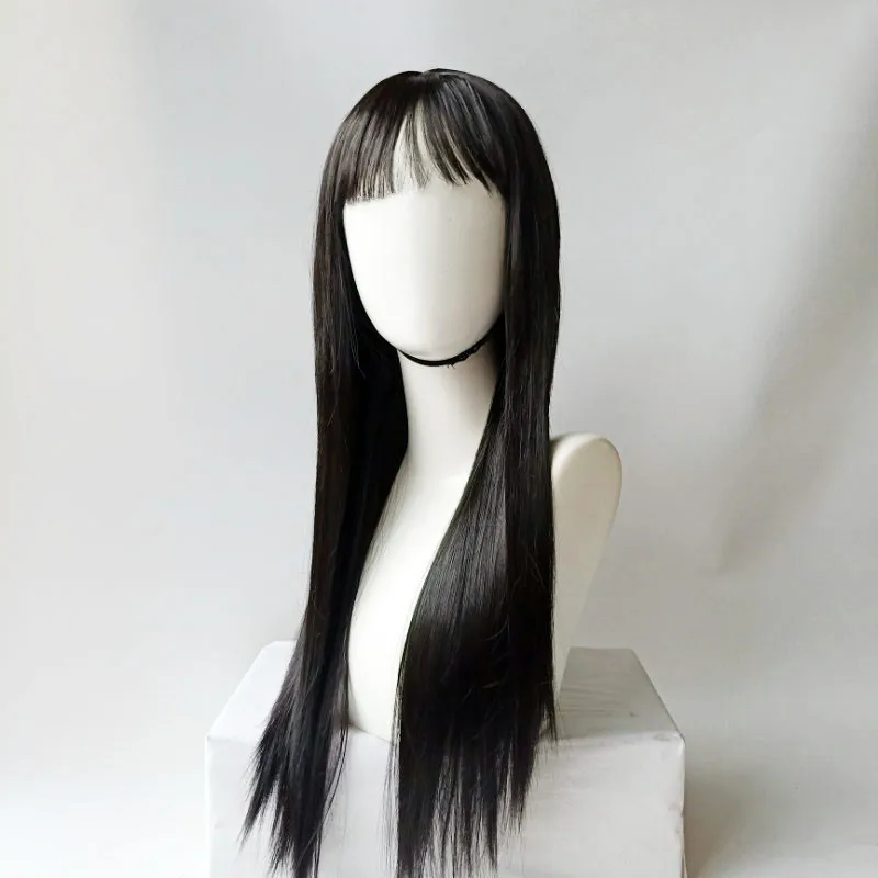 Synthetic fiber wig female long black hair woven full head set fashion long straight hair with bangs high temperature silk image 5