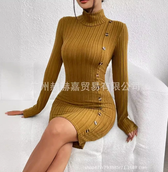 

Temperament Long Sleeved High Necked Button Detail Slim Fit Wrap Buttocks Skirt Tight Fitting Sexy Fashionable Women's Dress