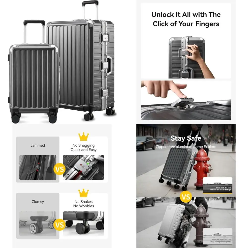 

two-piece spinner luggage set, 20/28-inch, aluminum frame, zipperless, polycarbonate hard shell suitcases, charcoal