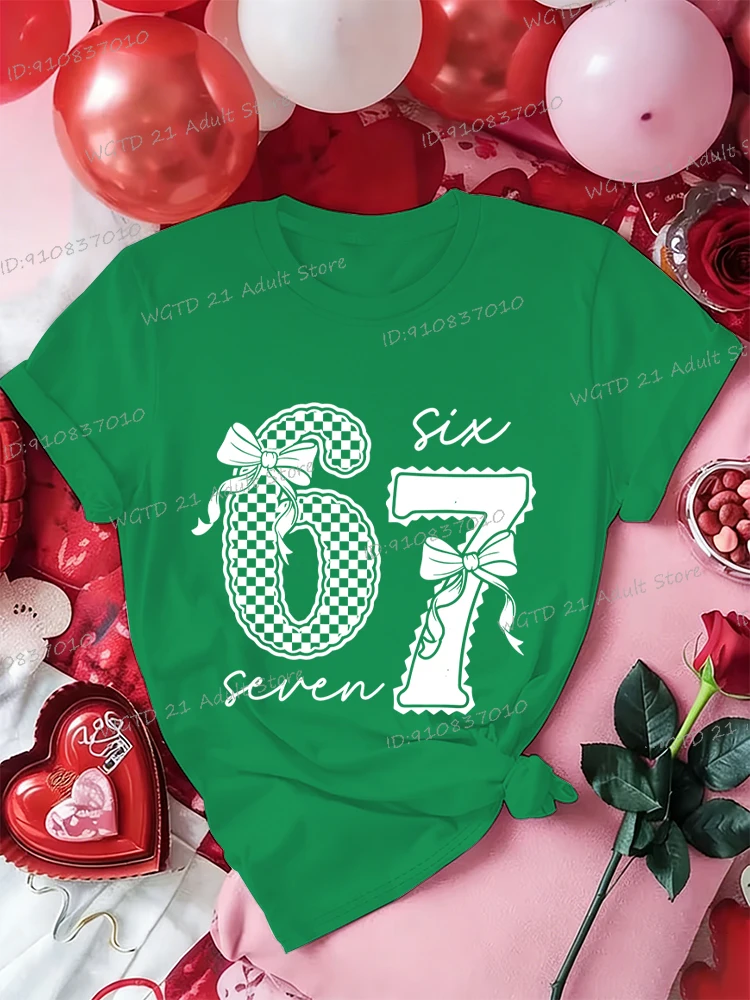 楽しいシックスセブンコケットボウシャツバレンタインデー67トレンド女性男性Tシャツクルーネック半袖カップルマッチングトップスギフト