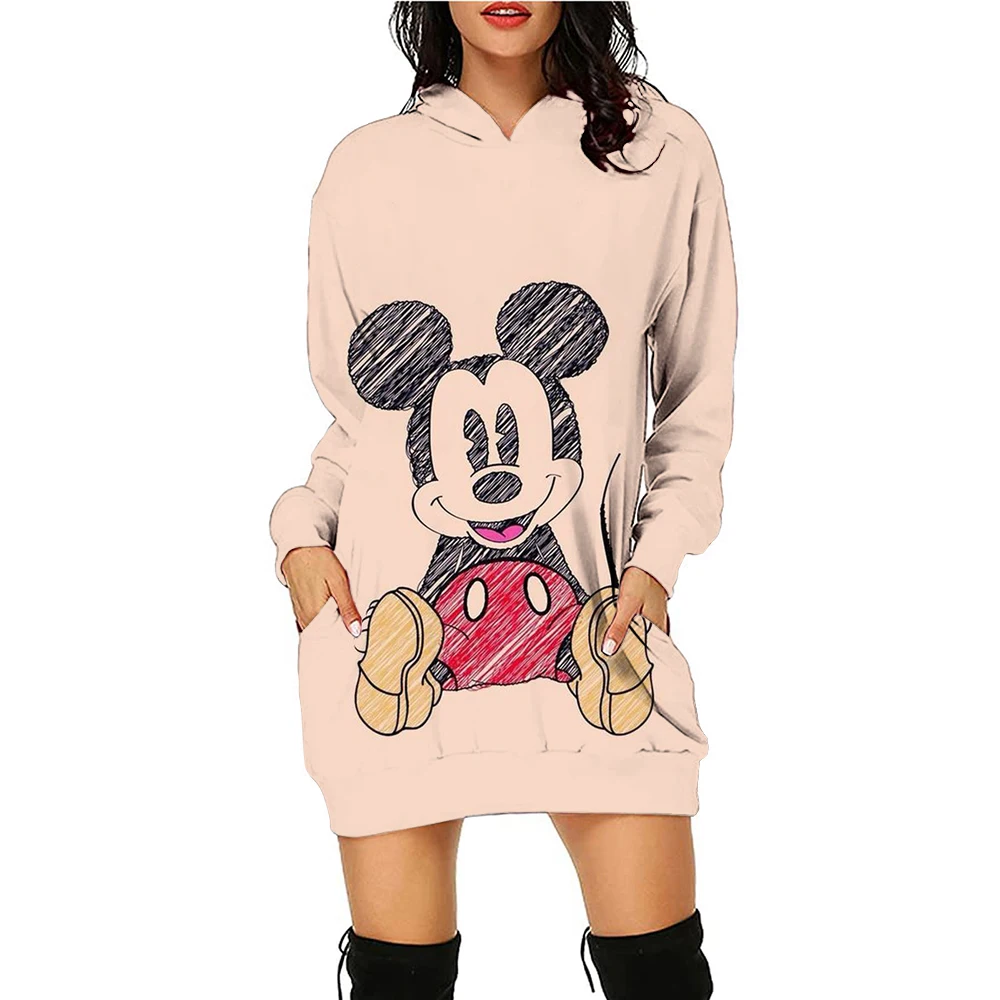 New Disney Series Mickey Mouse Minnie Hoodie Print Hooded Sweater Dress Casual Street Style Ladies Warm Sweater Dress