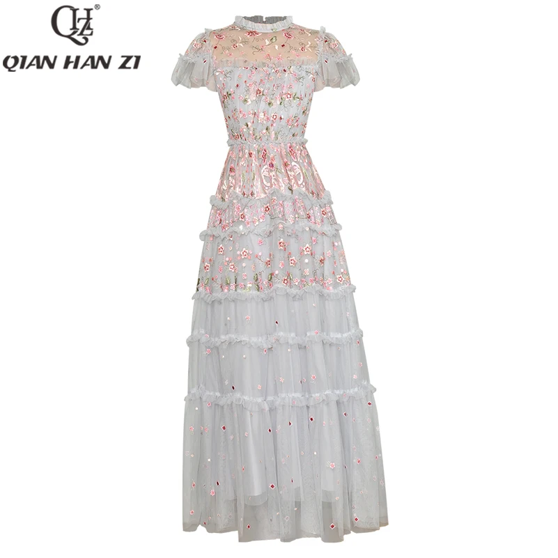 QHZ Designer Fashion Runway Summer Dress Long For women vintage mesh stitching flower embroidery Slim elegant holiday maxi dress