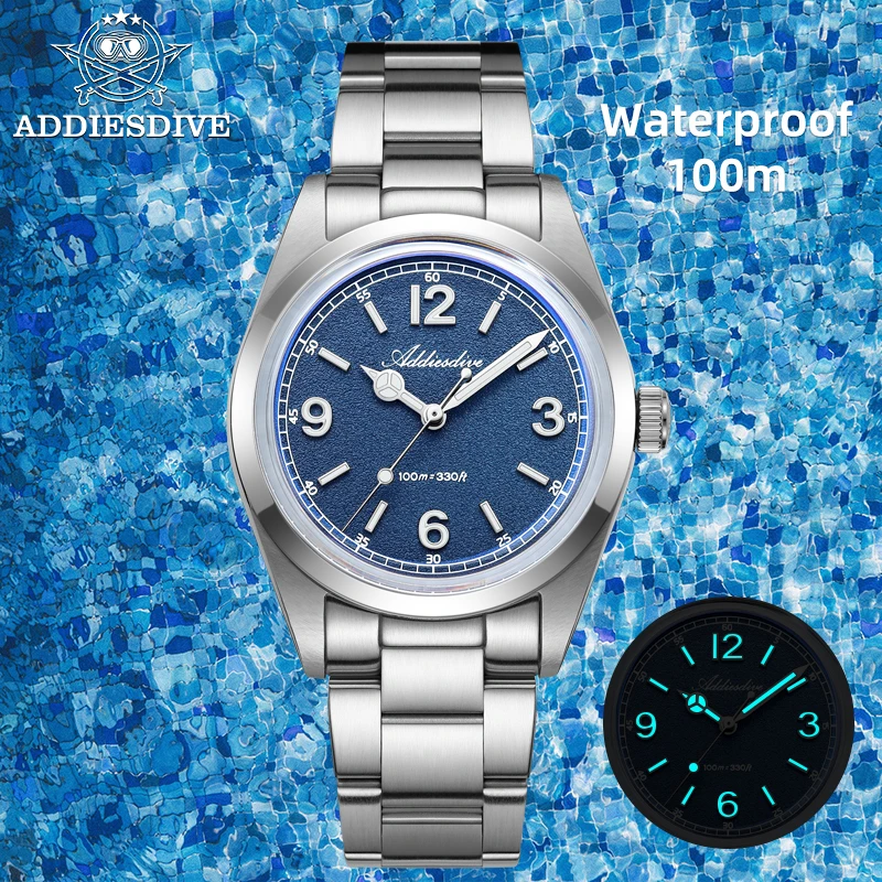

ADDIESDIVE Men's Watches New 36mm Quartz Wristwatch VH31 AR Coating Domed Glass Luminous 100m Waterproof AD2518 Stainless Steel