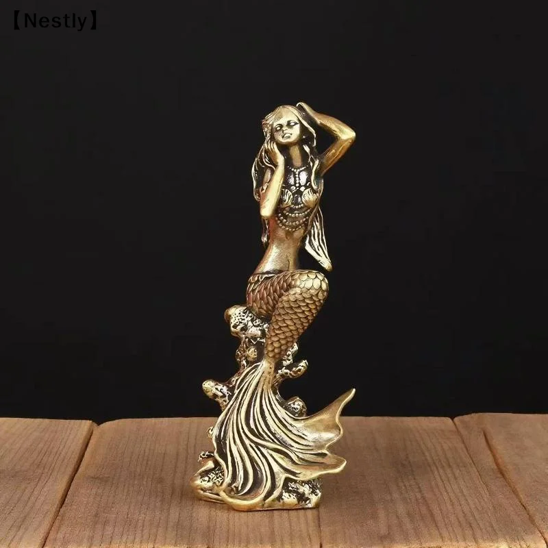 Mini Brass Mermaid Figurine Fairy Tale Character Mermaid Princess Statue Creative Home Decoration For Girl Rooms Surprise〔Nest〕
