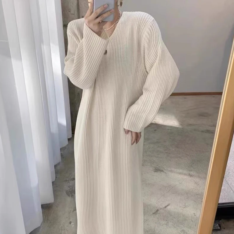 Retro V-neck Pit Strip with Loose Dresses Women Casual Long-sleeved Simple All-match Vestidos 2024 Autumn Knitted Sweater Dress