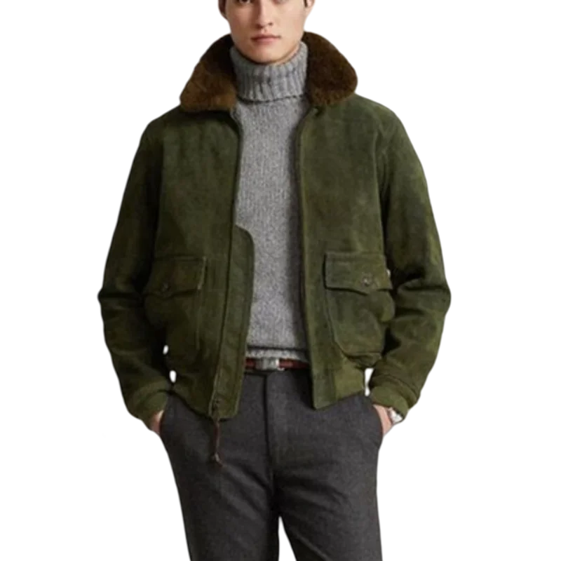 Genuine cowhide with suede finish olive green Woolen fur collar Filling Padded for warmth G1 Flight jacket plus size