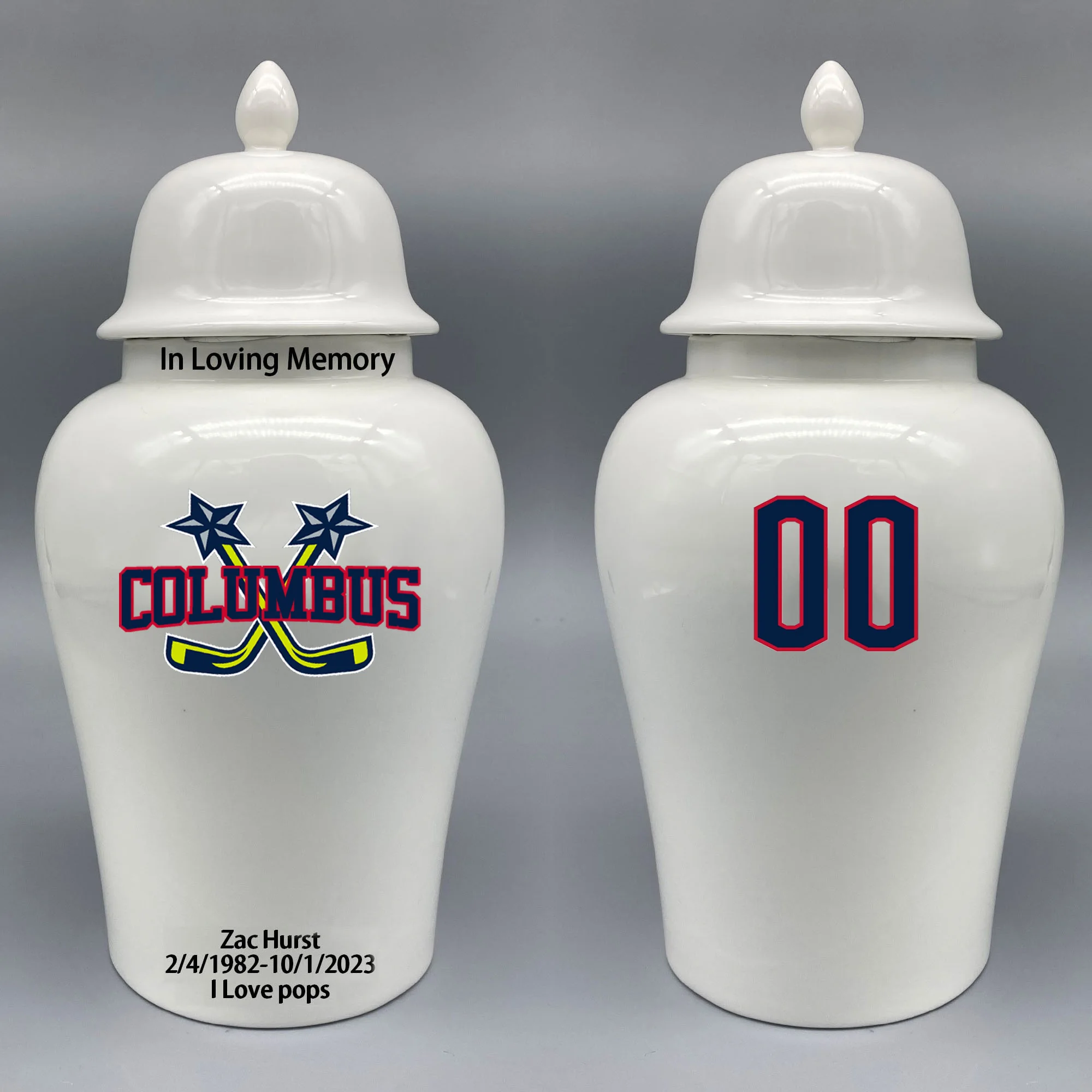 Large Urn for Columbus Blue Jackets-themed Hockey Urn.Please send me the customize information-name/date and number on the urn