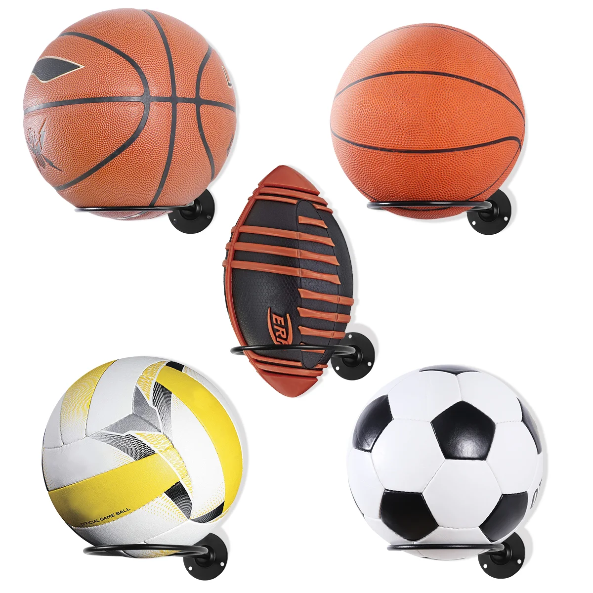 Clispeed 2PCS Wall-Mounted Ball Holders Display Racks for Basketball Soccer Football Volleyball Exercise Ball (Black)