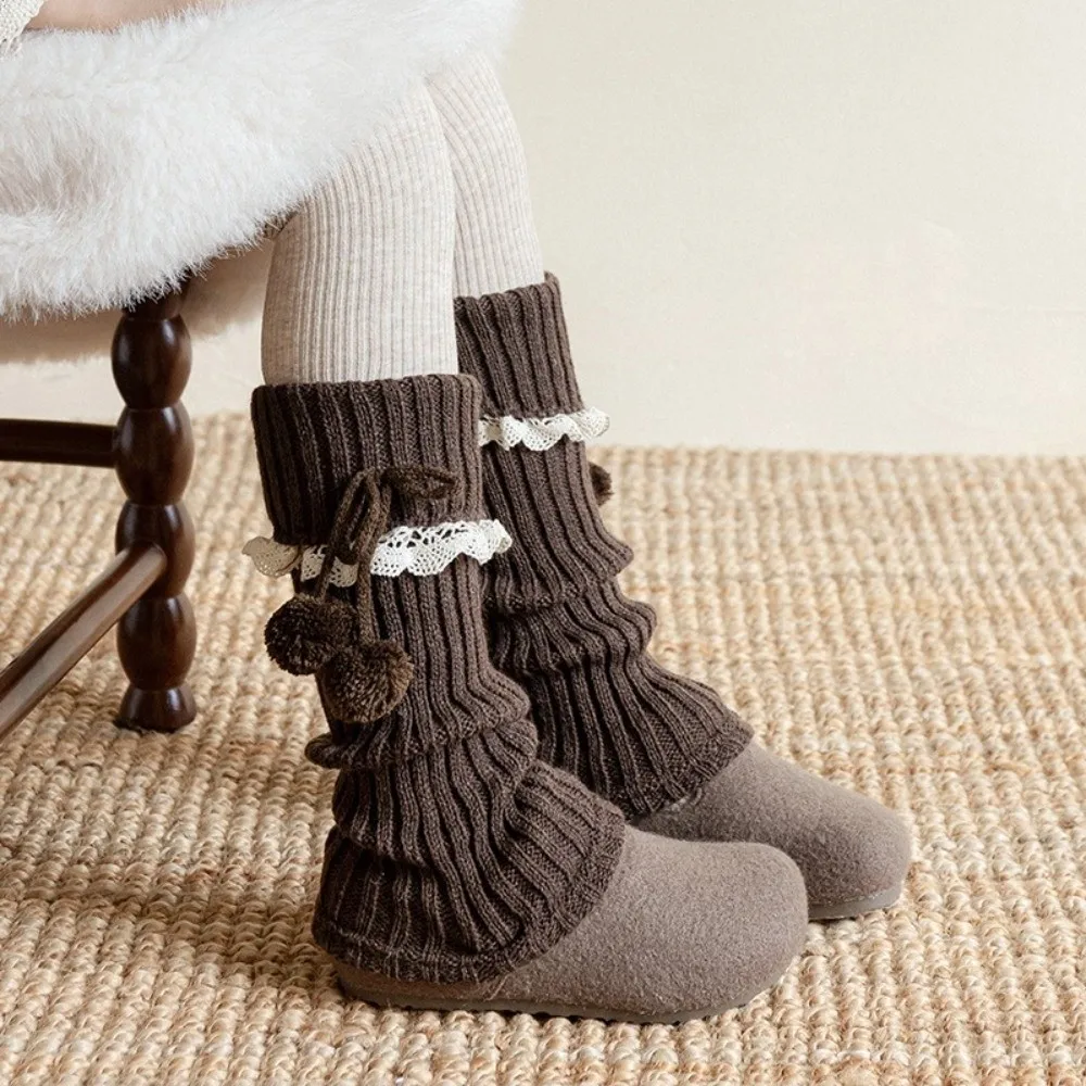 New Solid Color Leg Warmers Thickened Lolita Mid-Calf Sock Knitted Bow Pompom Middle Tube Socks Gift