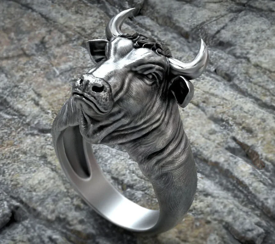 3D Sublime Antique Taurus Bull Head with Horns Full Of Power Men Customized 925 Solid Sterling Silver Ring Many Sizes sz6-13