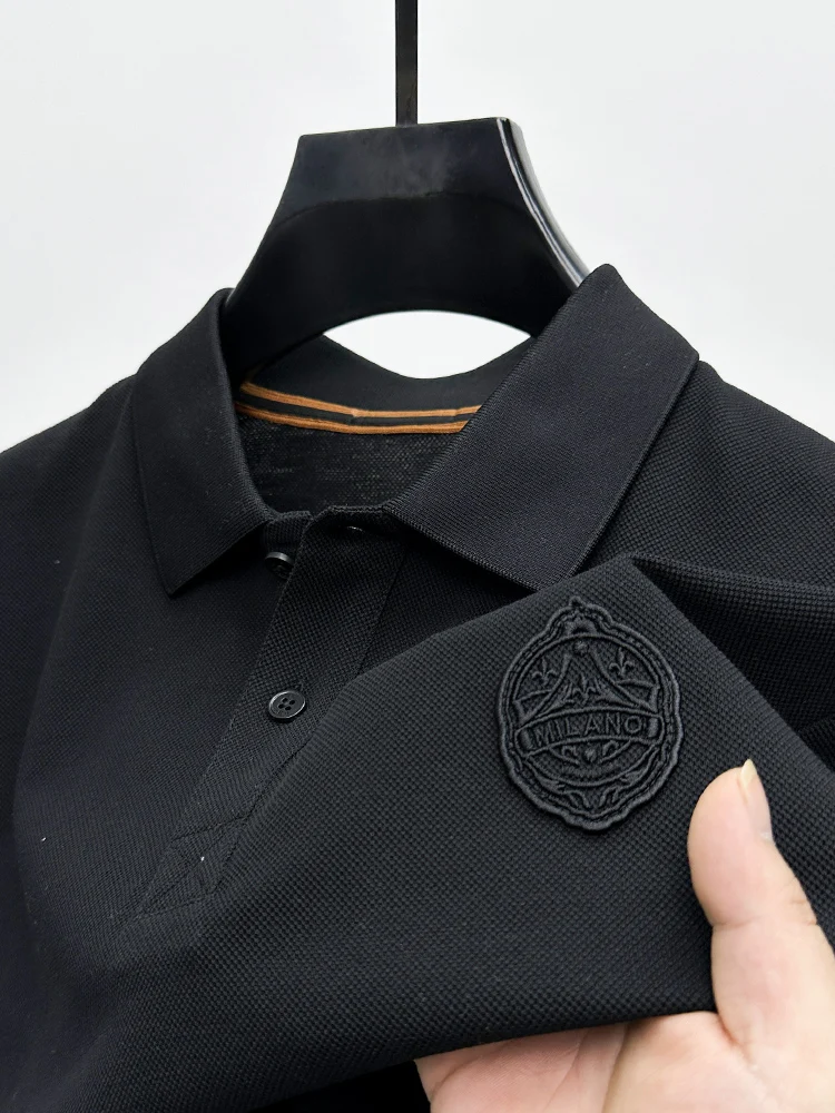 High quality luxury silk cotton Polo men\'s short sleeved lapel new classic casual designer embroidery trend Korean New top