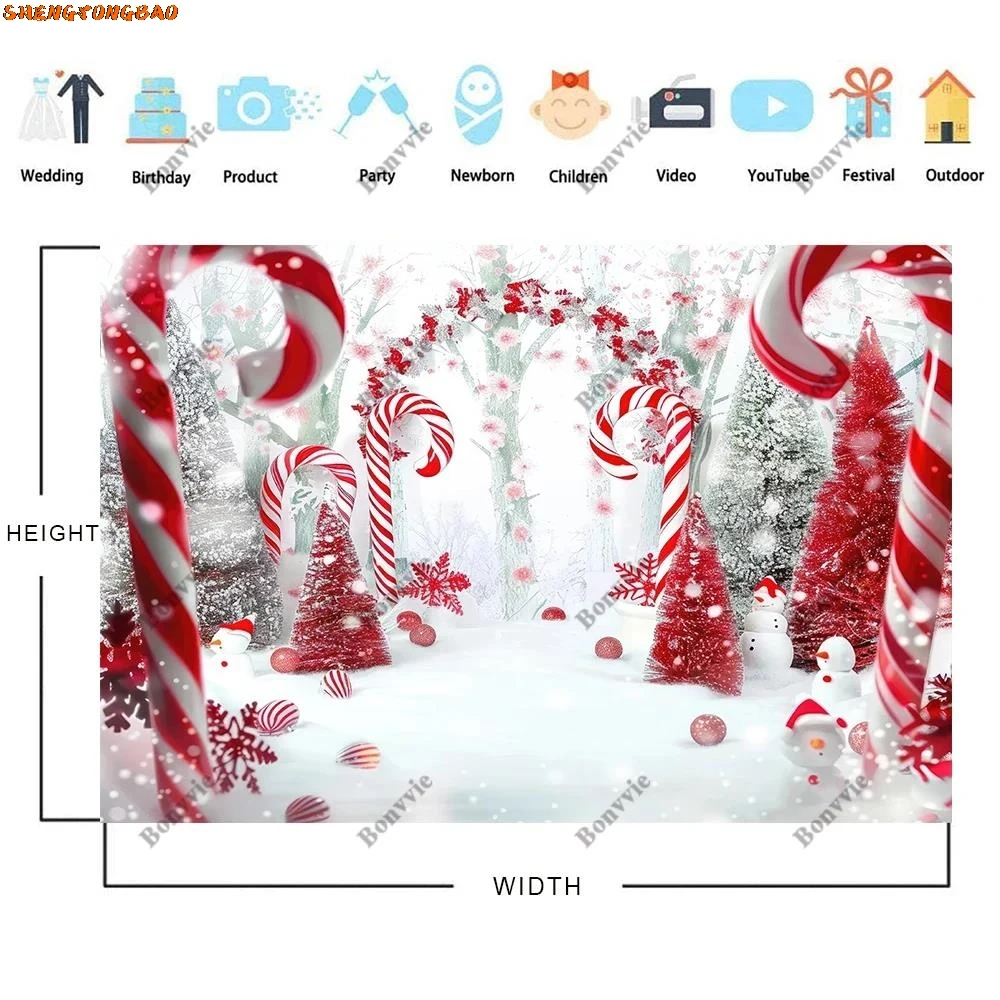 Bonvvie cenário de fotografia de natal, bastão de doces, sinos de natal, decoração vermelha e branca, fundo de foto de bebê, adereços de estúdio fotográfico