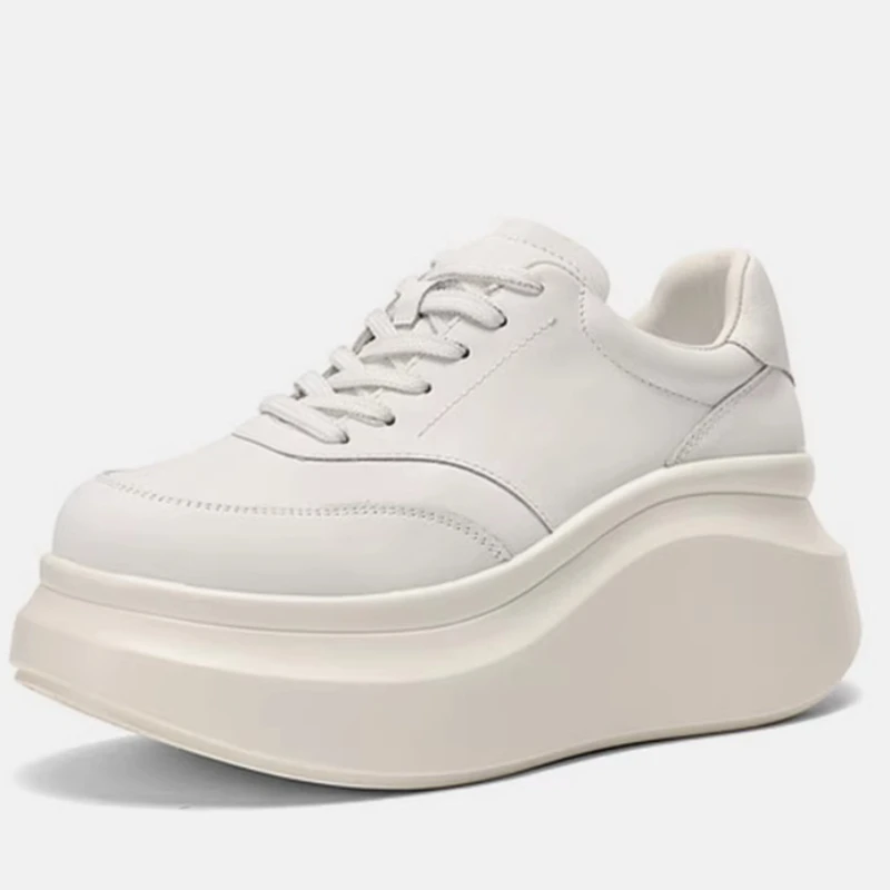 White-pink Chunky Sneakers Genuine Leather Thick Sole Casual Sports Shoes for Women's Spring New Fashion Height Increasing Shoes
