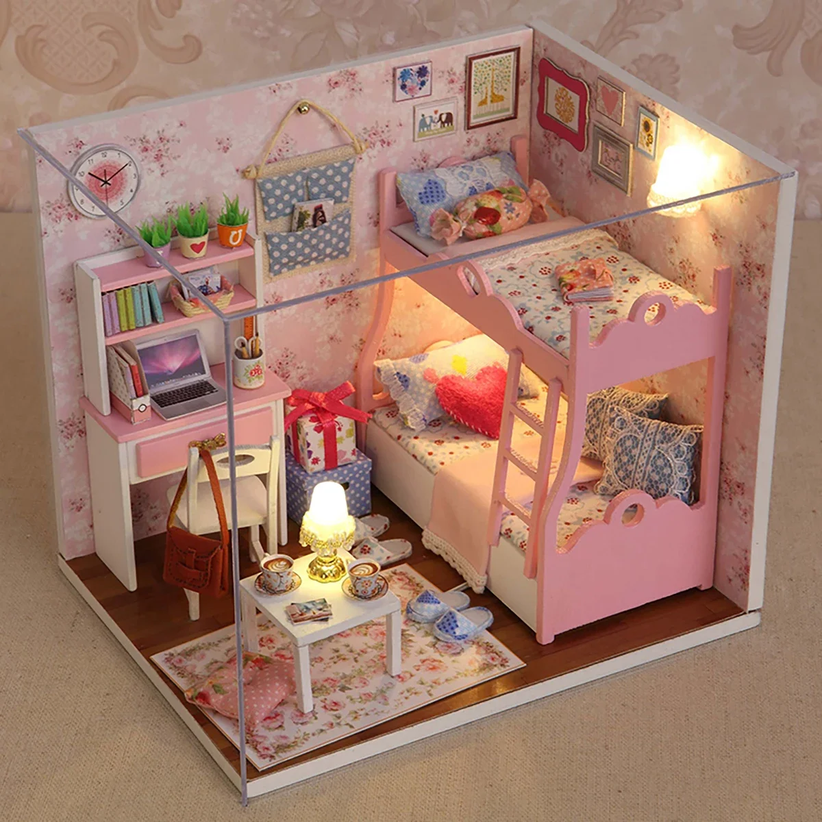 

Baby House Mini Miniature Doll House DIY Small House Kit Production Room Princess Toys, Home Bedroom Decoration with Furniture W