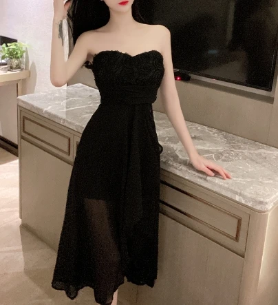 Chic Floral Mesh Patchwork Tube Top Dress Sexy Off Shoulder Elegant Evening Party Women Fashion Vintage Ceremonial Dresses