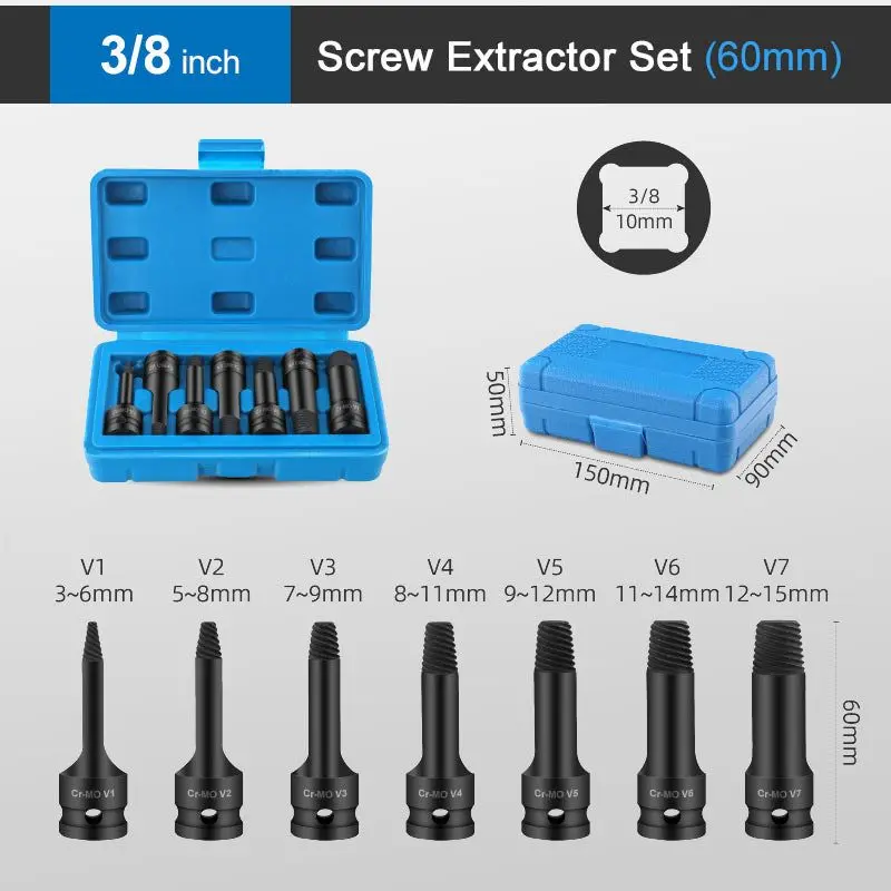 3/8 inch Screw Extractor Set Damaged Screw Extractor Set Square Shank 10mm Broken Head Screw Taking out Extractor Damaged Bolts