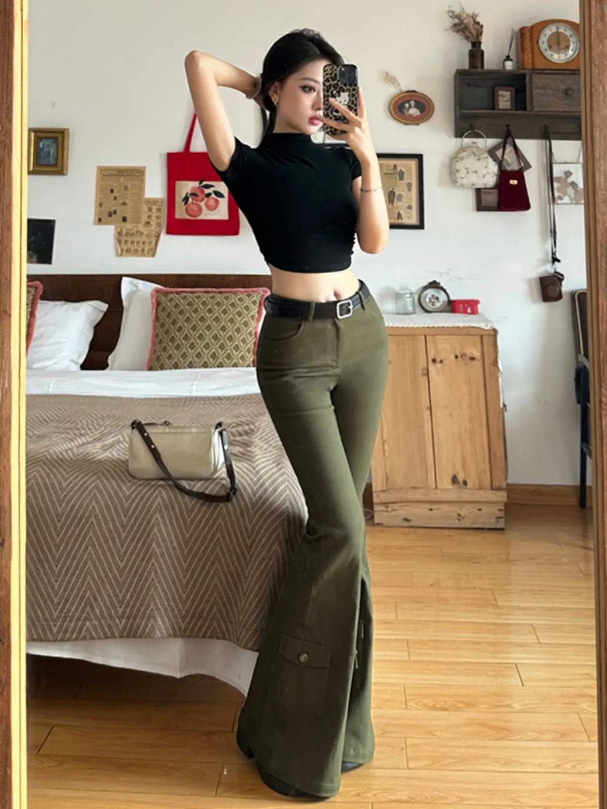 Women Green Academia Goblin Core Long Trousers Gyaru Goth Low Rise Flare Pants Y2K Streetwear Stretch Japanese Harajuku Grunge