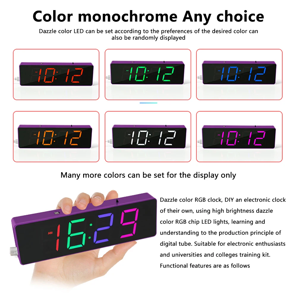 DIY Electronic Clock KIT Colorful LED Microcontroller Kit Digital Clock Time Electronic Soldering Assembly White/Purple/Blue