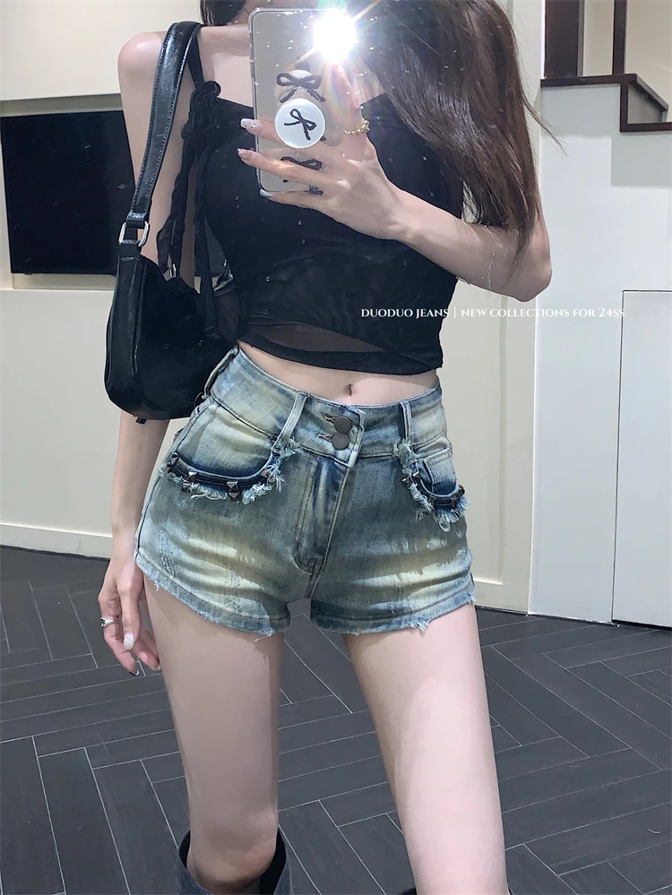 

Slergiri American retro Low Waist Super Short Denim Shorts Women's New Summer Raw Trim Rivet Streetwear Y2k Jeans Hot Pants