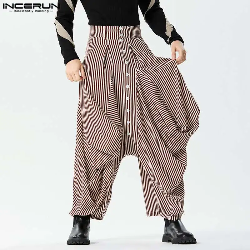 

INCERUN Men's Striped Pants Button Joggers Loose Fashion Drop-Crotch Trousers Men Streetwear 2024 Casual Irregular Pants S-5XL