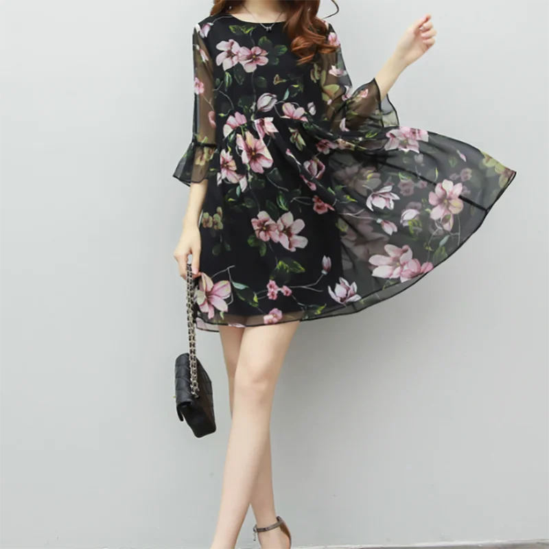 Elegant Printed Spliced Butterfly Sleeve Chiffon Floral Dress Women Clothing Spring Summer New Loose Office Lady Mini Dress