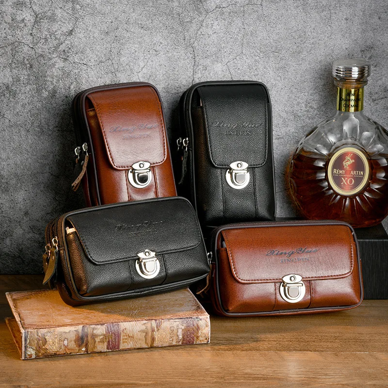 PU leather spliced mobile phone storage waist-hung wallet, flip cover lock for convenient belt wearing, functional waist bag