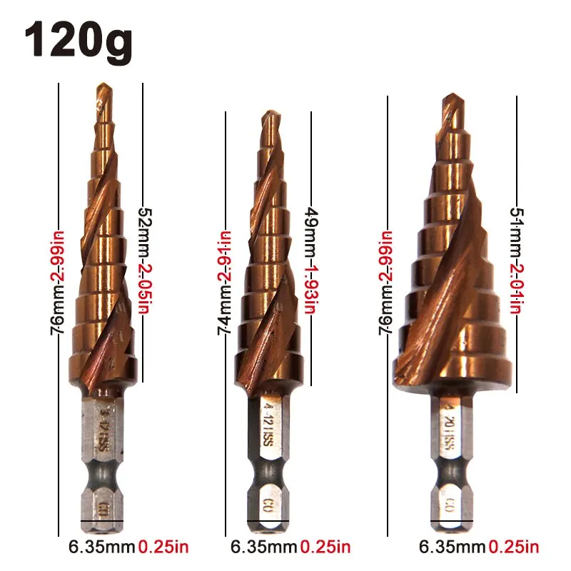 M35 Cobalt Contain Step Drill Hexagonal Spiral Stainless Steel Hole Opener Pagoda Drill Hole Drill Bit 3-12/4-12/4-20mm Cut Tool