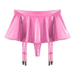 Womens Glossy Patent Leather Ruffle Mini Skirt Built-in Thongs Garter Belts Metal Clips Shorts Miniskirt Wet Look Rave Clubwear