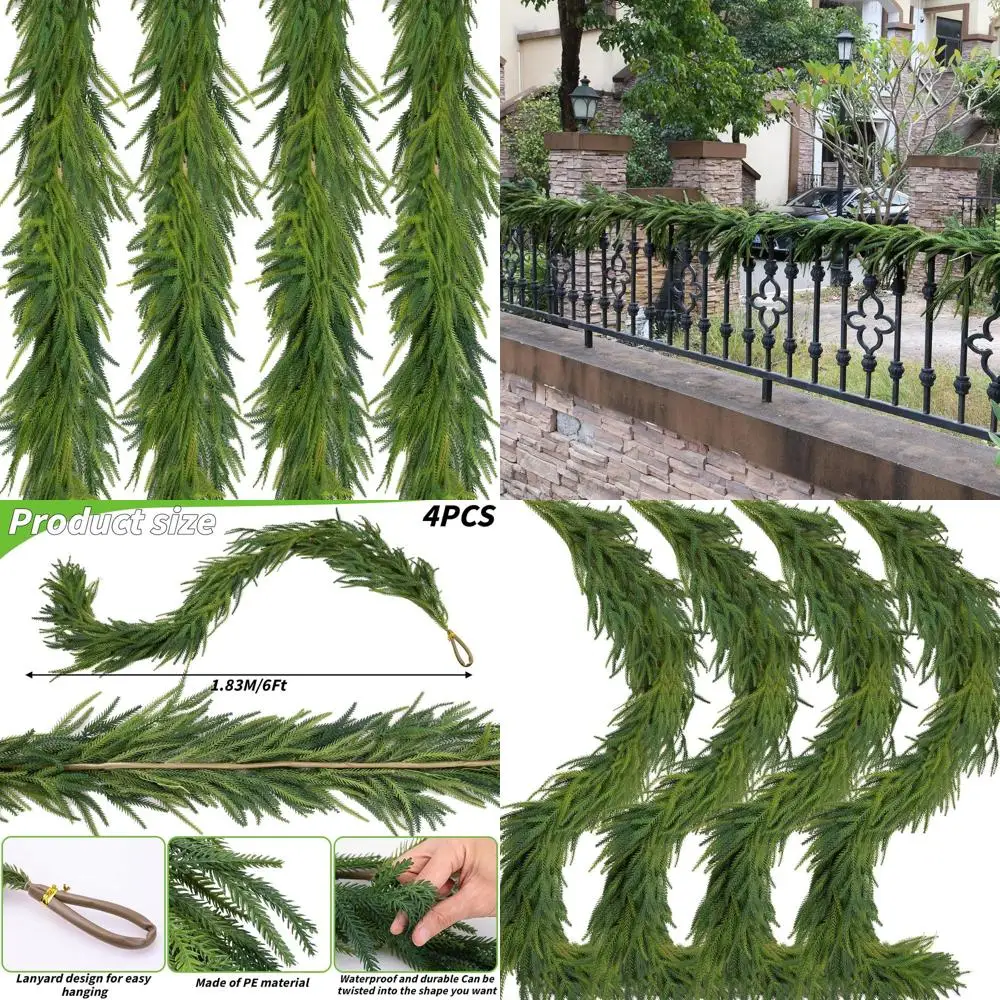 

Artificial Norfolk Pine Garlands Christmas, 6FT Dense Real Touch Winter Pine Garland, Green Artificial Greenery for Table, Mantl
