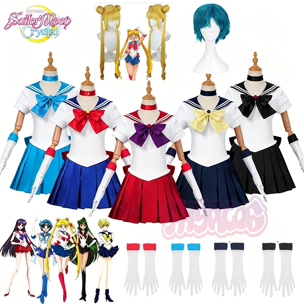 Anime Sailor Moon Tsukino Usagi Cosplay Komplettset Damen Klassisches Uniformkleid mit passender gelber Perücke Halloween Karneval Bühnenkostüm
