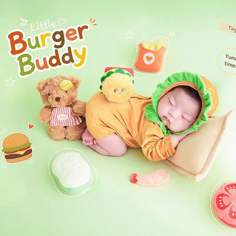Newborn Photography Props Cute Hamburger Chips Themes with Backdrop Outfit Set Posing Pillow Set for Studio Baby Photoshoot