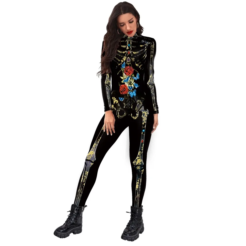 New Women Skeleton Performance Matching Outfit Long Sleeve Stage Slim Halloween Carnival Party Coverall Role Play Costume