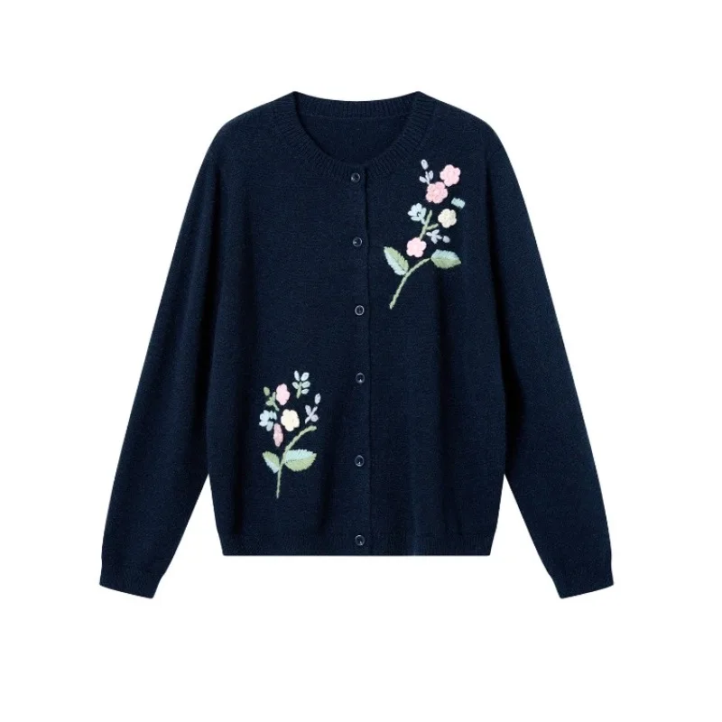 المرأة الأزهار المطرزة سترة 2025 الخريف الشتاء جديد الكورية خمر طاقم الرقبة واحدة الصدر سترة مشغولة من الصوف Mujer القمم