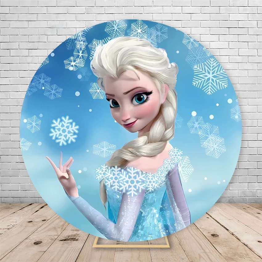 Disney Frozen Elsa Princess Round Backdrop For Girls Kids Birthday Party Queen Custom Photography Backgrounds Covers Elastic