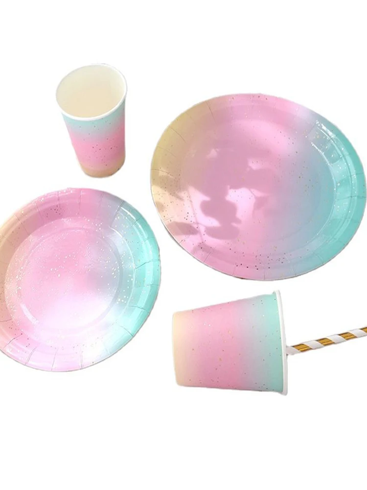 Regenbogen-Geschirrset für Geburtstagsparty-Dekorationen, Regenbogen-Geschirr, Pappteller, Tassen, Servietten, Tischdecke, Abendessen, Einwegartikel – Detail 11