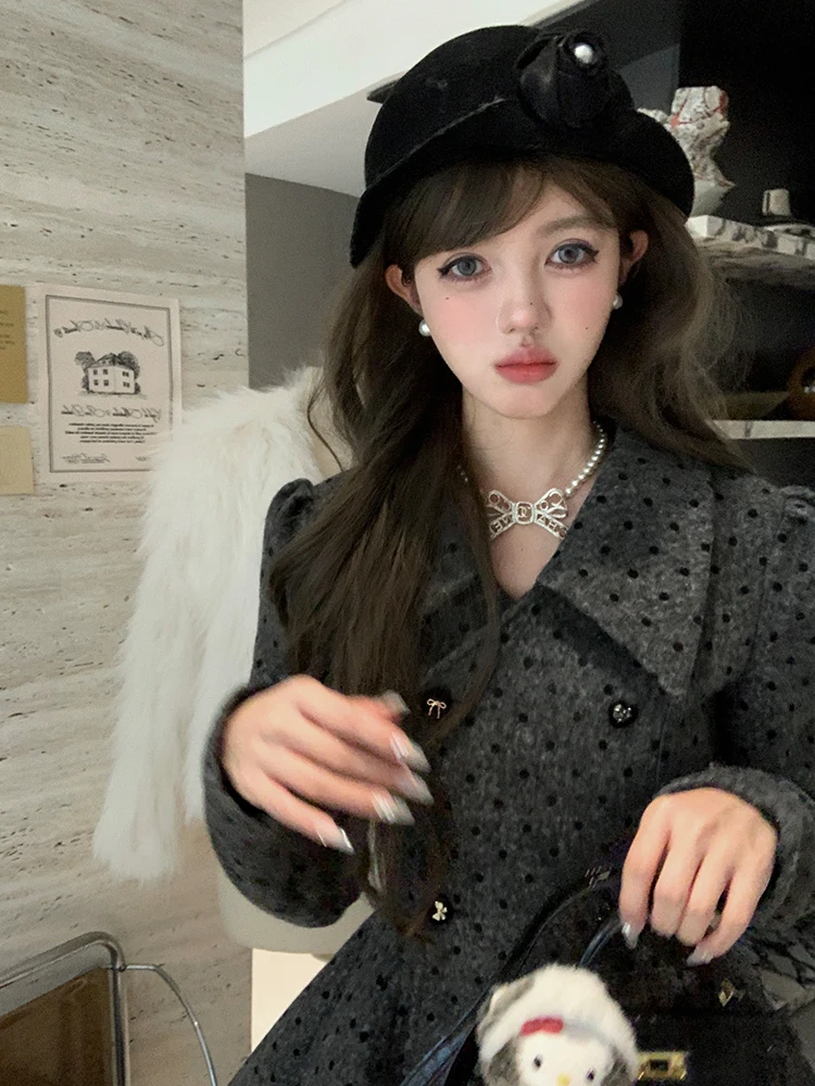 شتاء جديد النمط الفرنسي الأميرة الراقية الأسود البولكا نقطة معطف منتصف طول الخصر مقصوص معطف الصوف للنساء #2