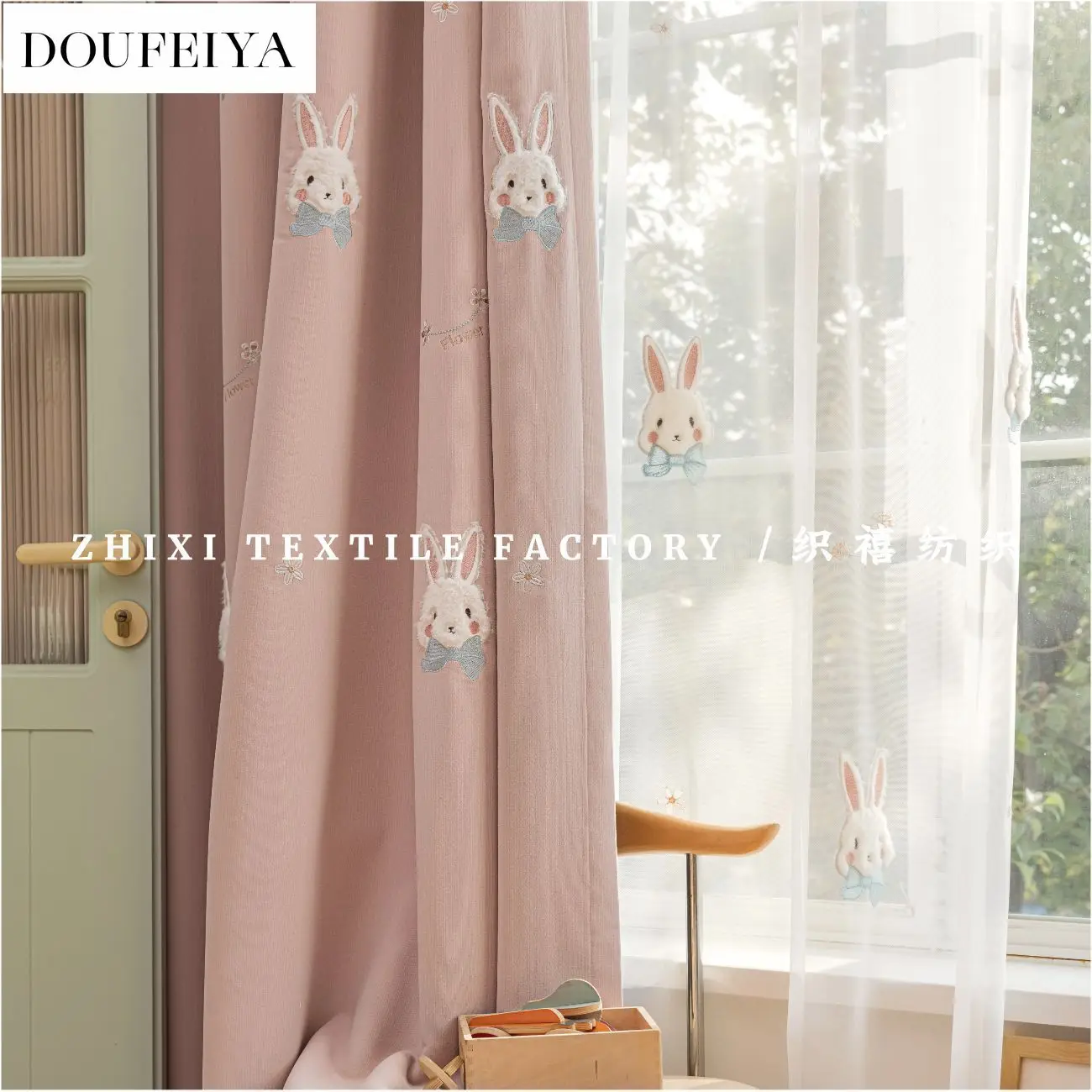 Custom Size Cartoon 3D Embroidery Snow Neil Cute Rabbit Butterfly Pink Kids-children Chenille Blackout Curtains for Bedroom