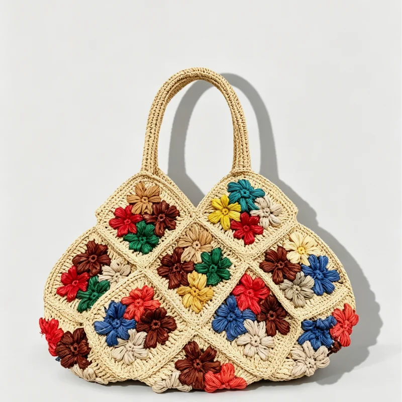 Bohemian Lafite hand woven three-dimensional floral handbag colorful hollow woven large capacity shoulder bag summer beach bag