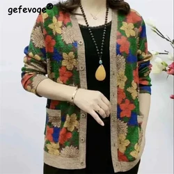 Loose Vintage Floral Print Casual Women V-Neck Pocket Sweater Jacket Elegant Button Cardigan Coat Female Autumn Winter Clothing